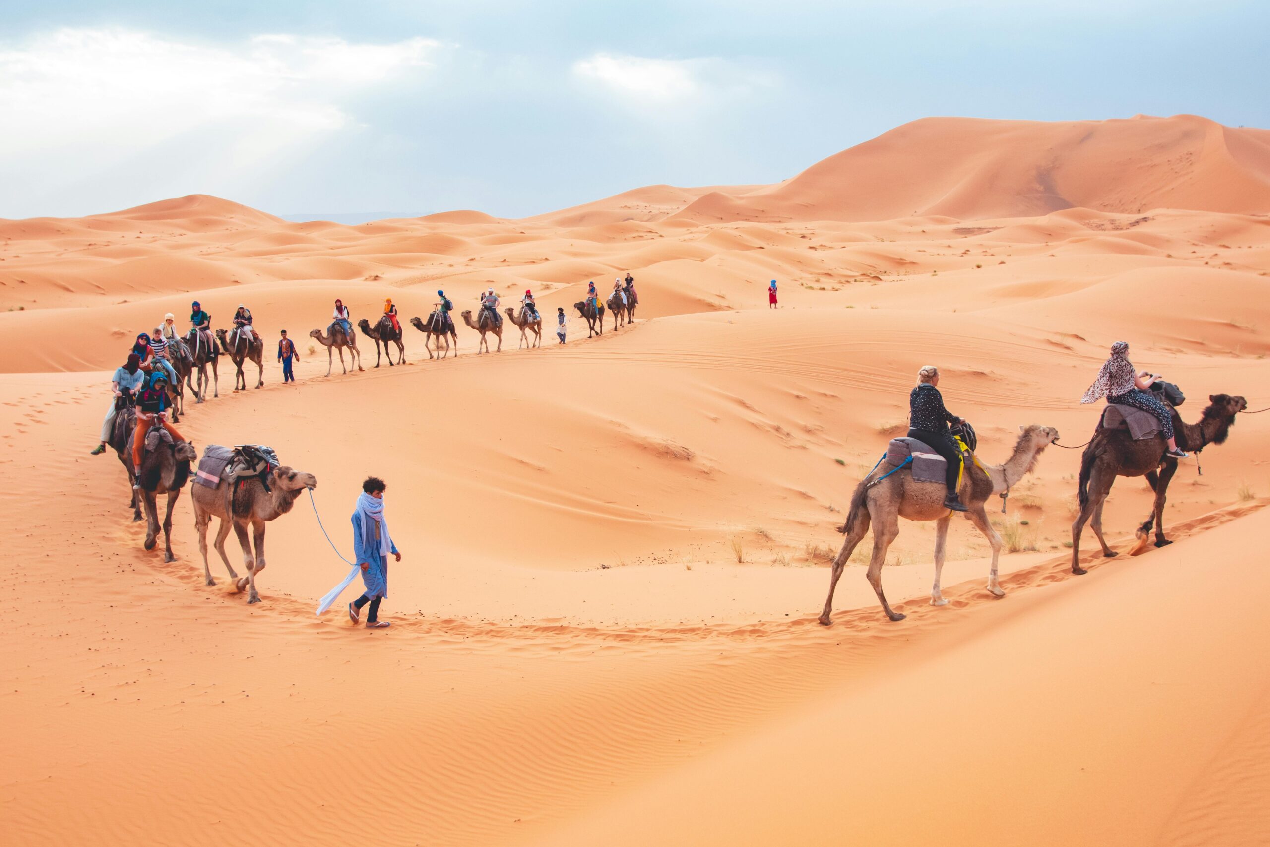 Camel trekking in the Sahara desert near Erg Chagaga