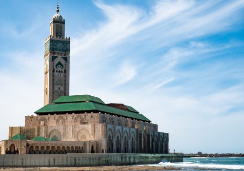 The beautiful view of the biggest mosque in Casablanca, Morocco. Hassan II Mosque.